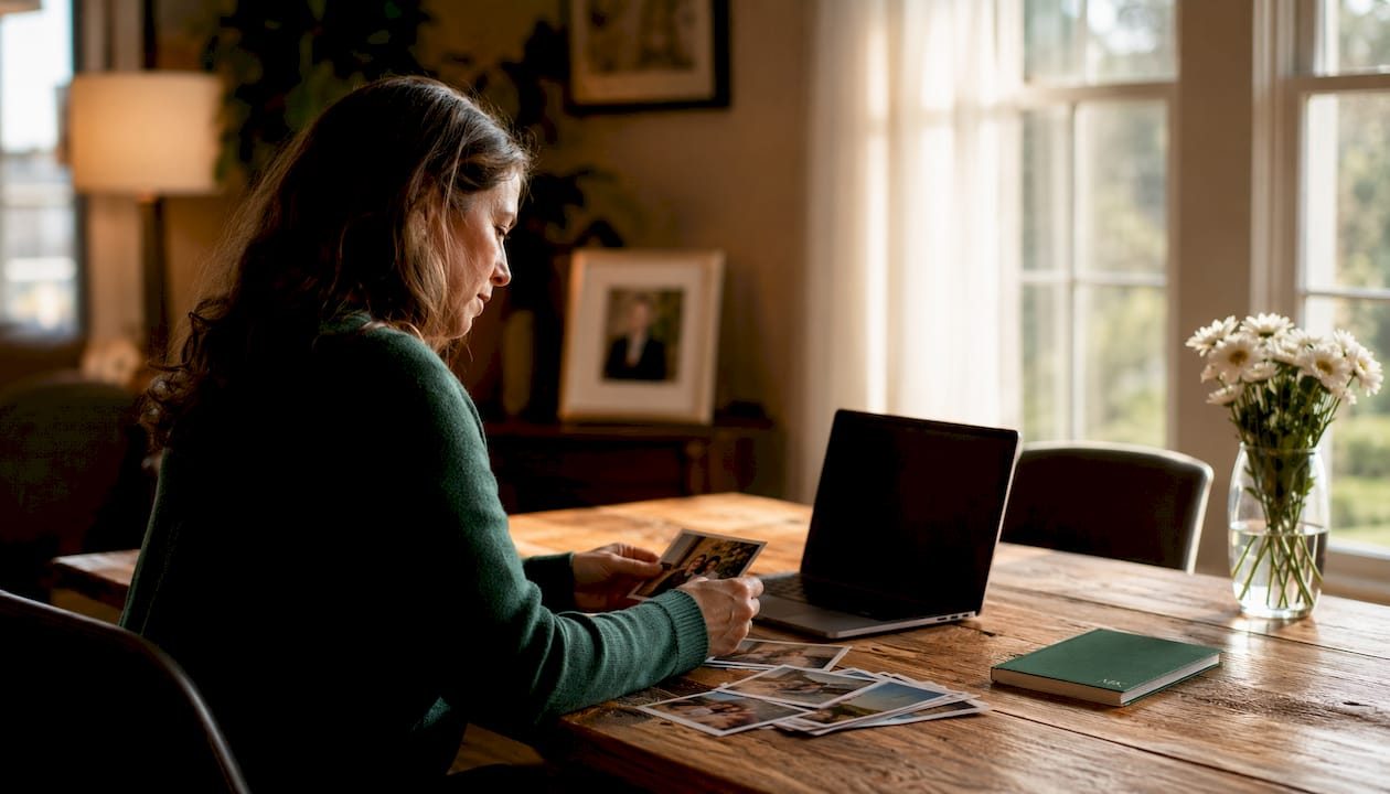 Family member setting up funeral slideshow equipment