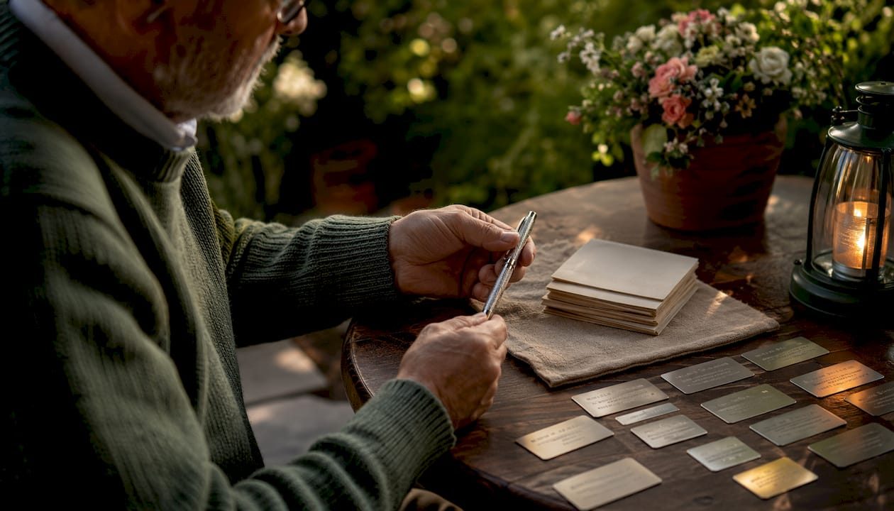 Hands selecting engraving quotes on plaques