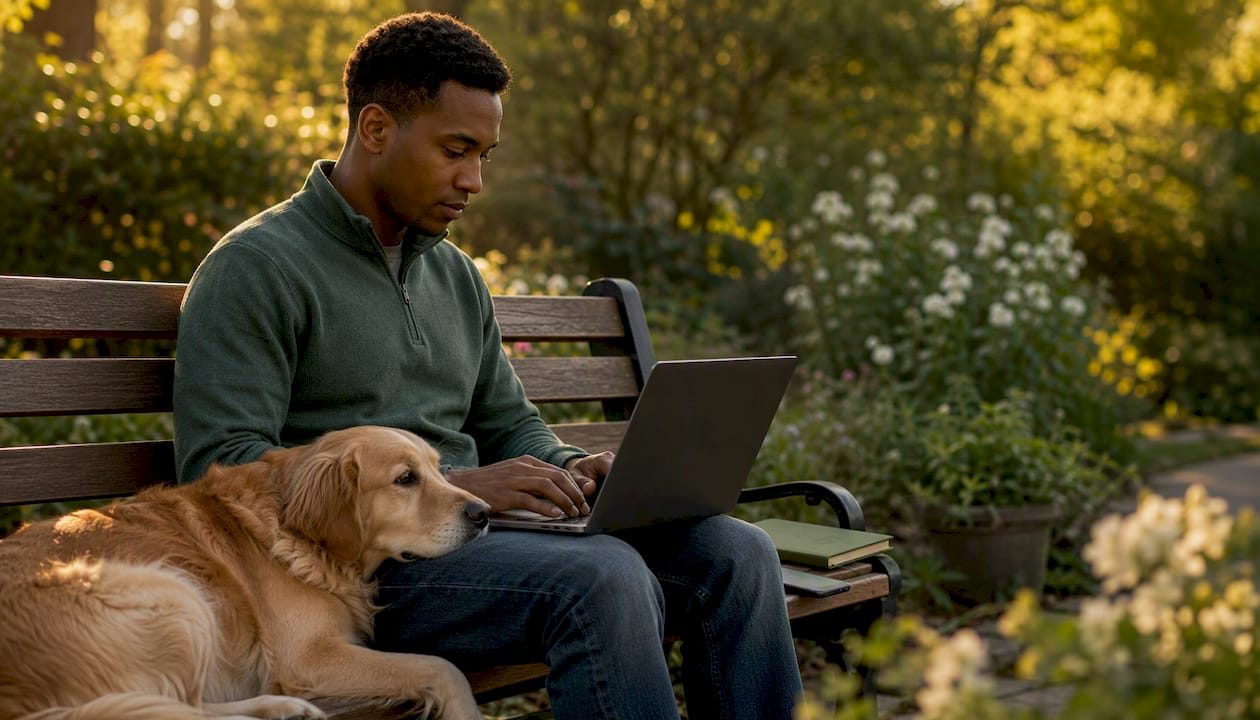 Man with dog creating pet memorial on laptop