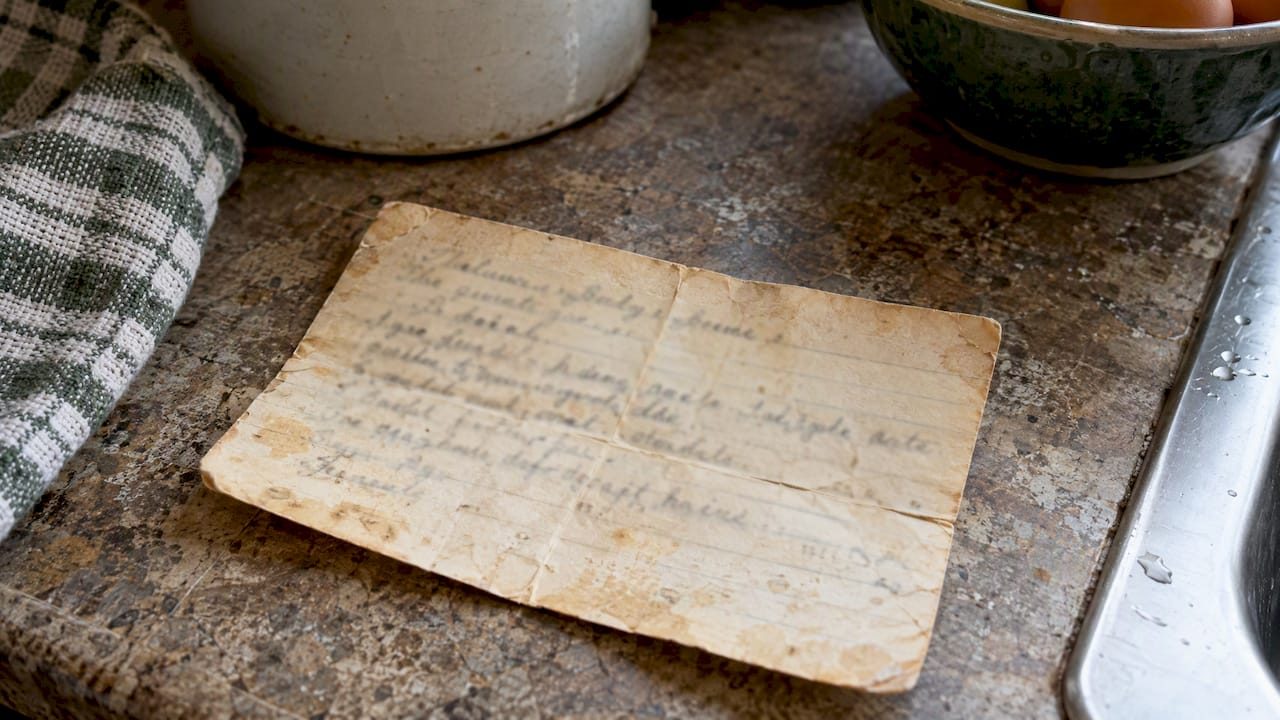 Worn handwritten recipe card on a kitchen counter