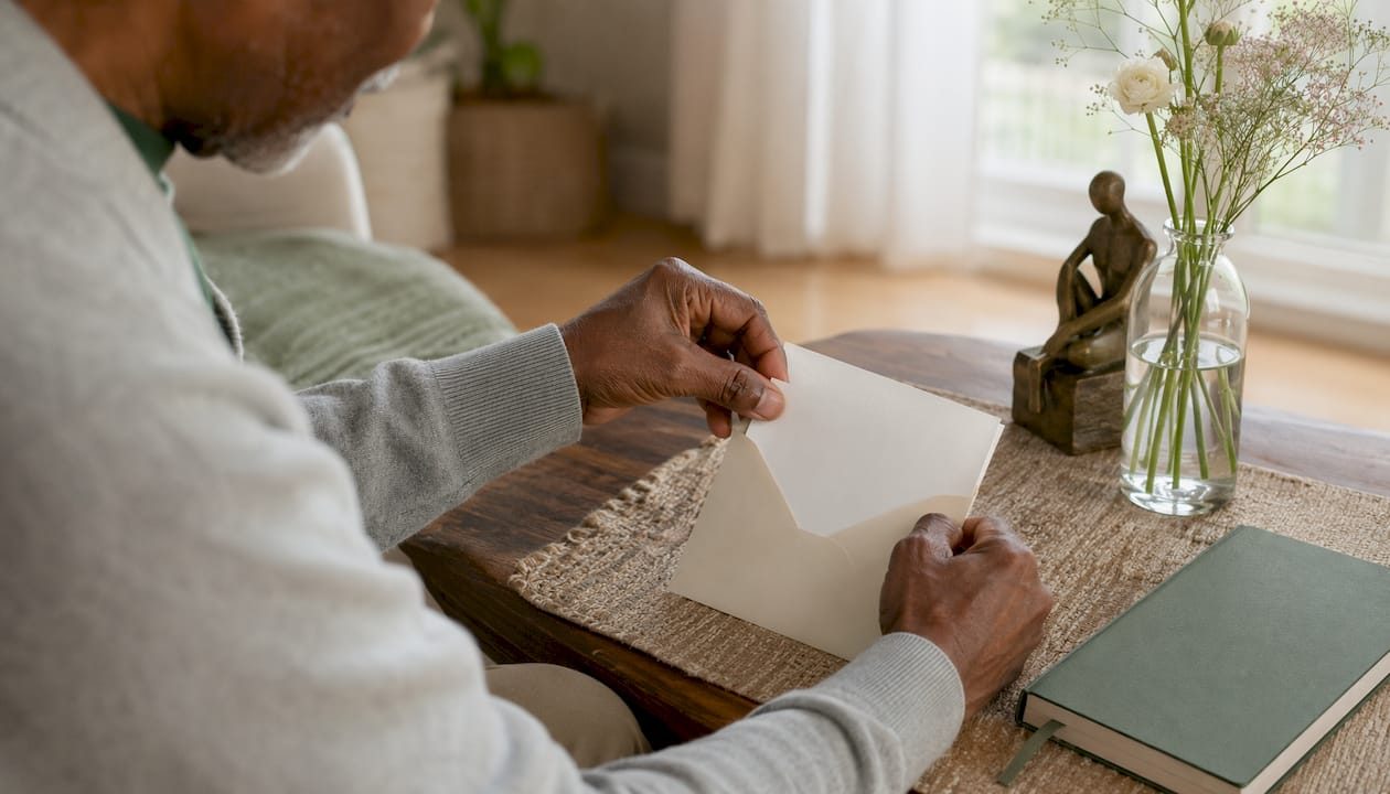 Elderly man preparing a sympathy card for sending