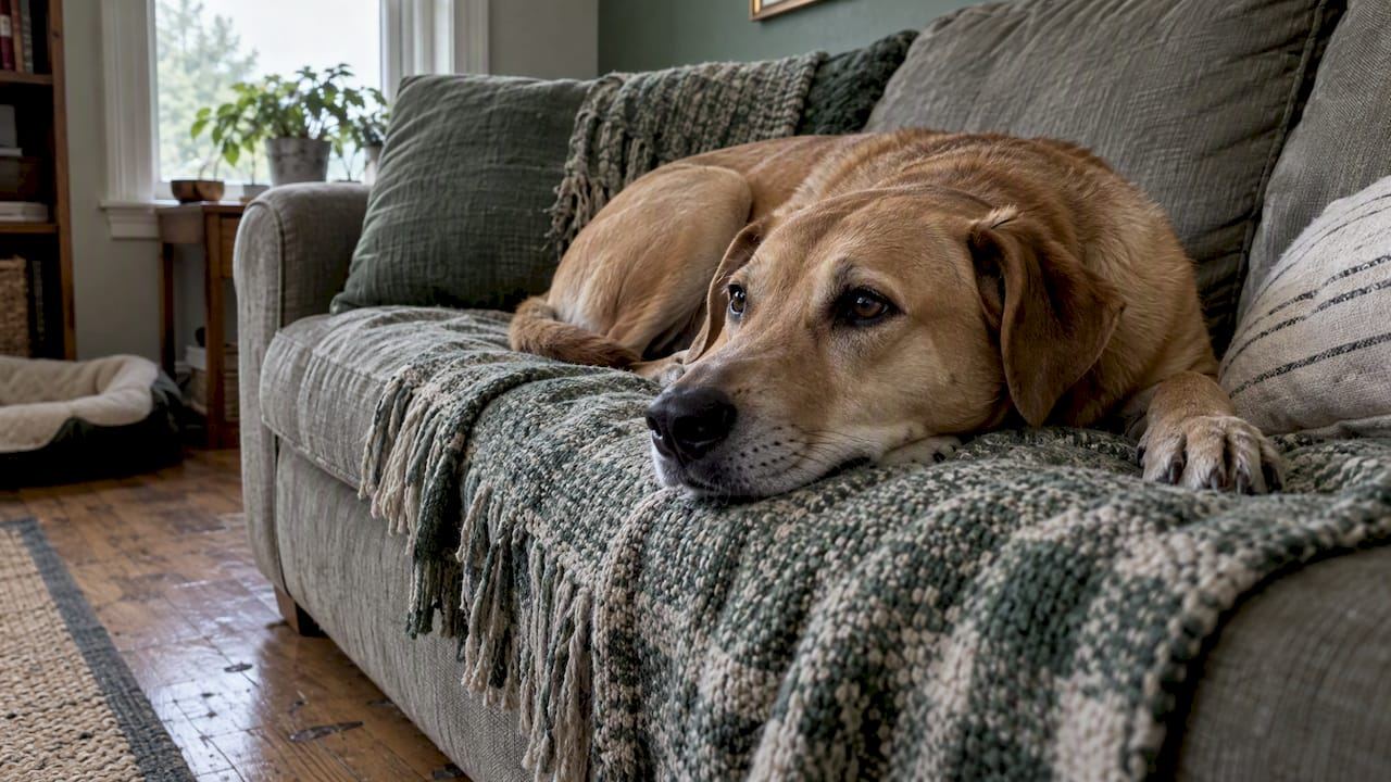 Dog resting in its familiar couch spot