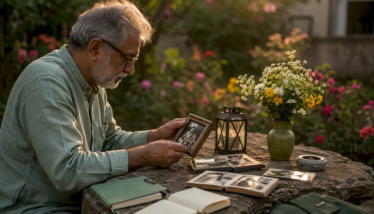 Elderly man arranging memorial keepsakes