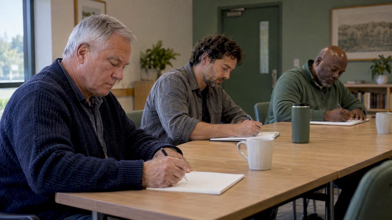 Men writing quietly together in a workshop