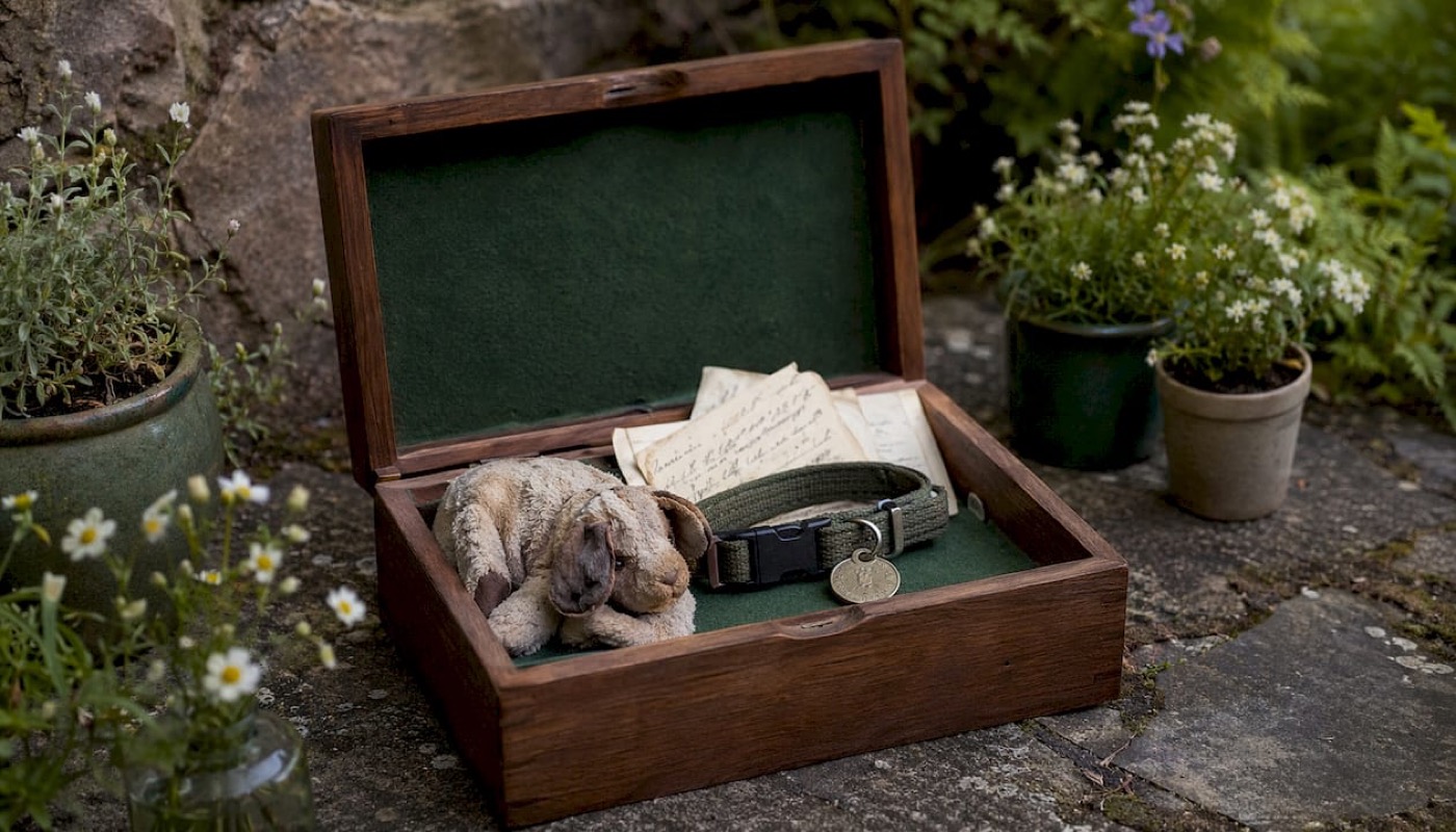 Memory box with pet keepsakes open on table