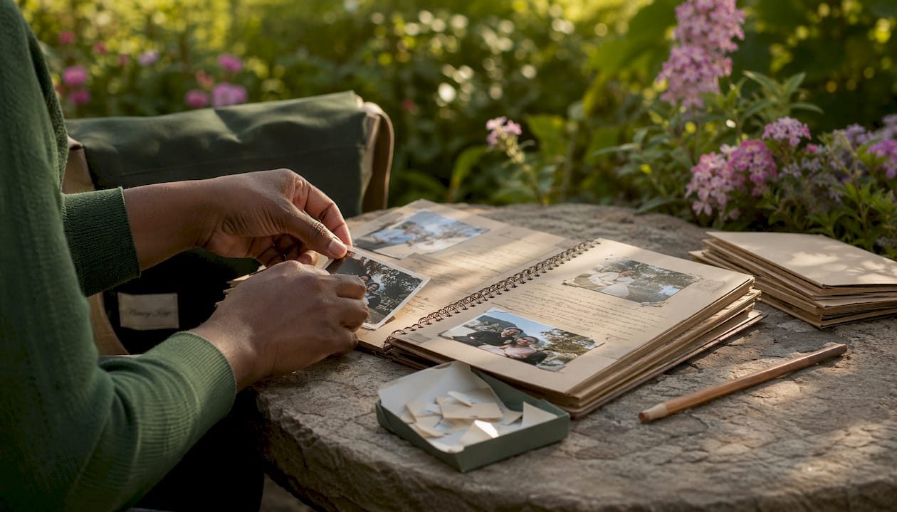 Hands assembling a photo scrapbook memorial