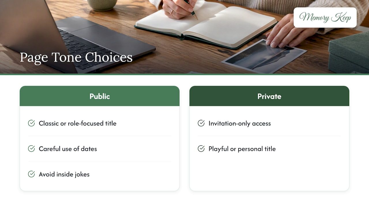 Consulting family and moderating tone for public versus private pages — overview diagram