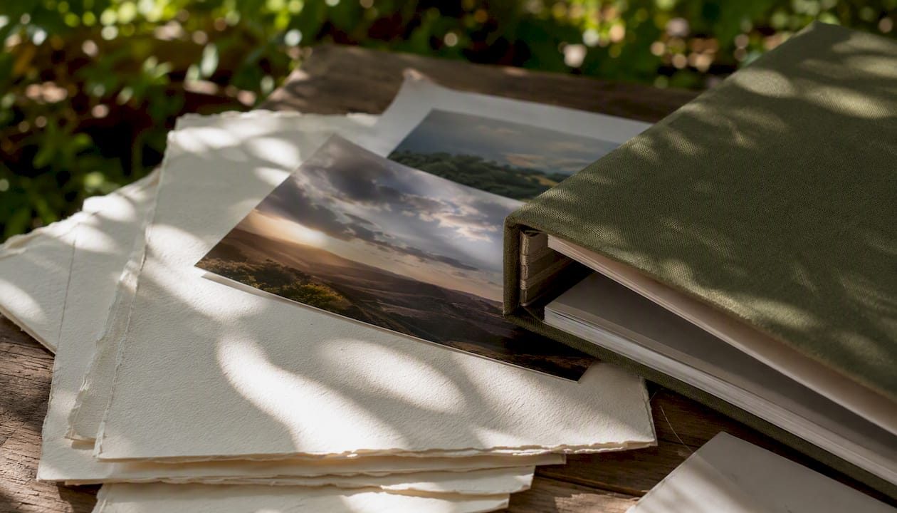 Close-up of archival photo book materials