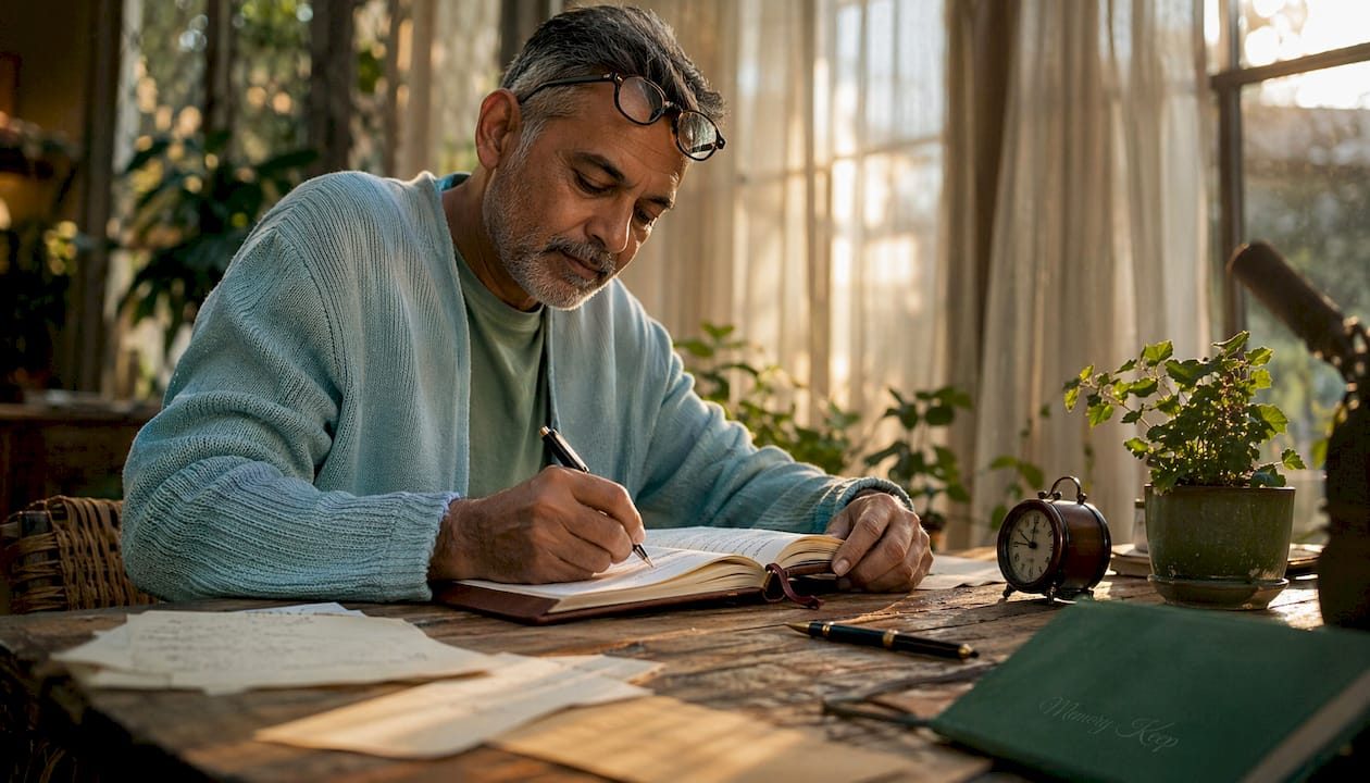 Man writing memorial quotes at home desk