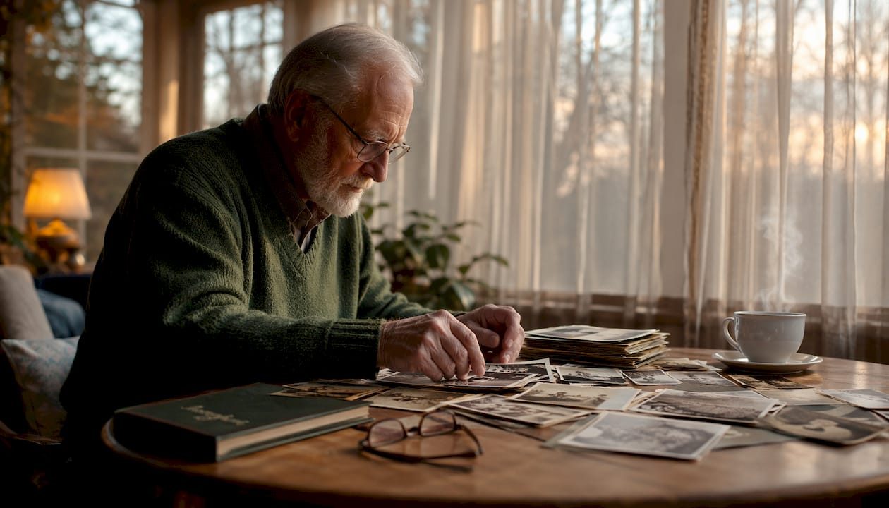 Man organizing printed photos for slideshow