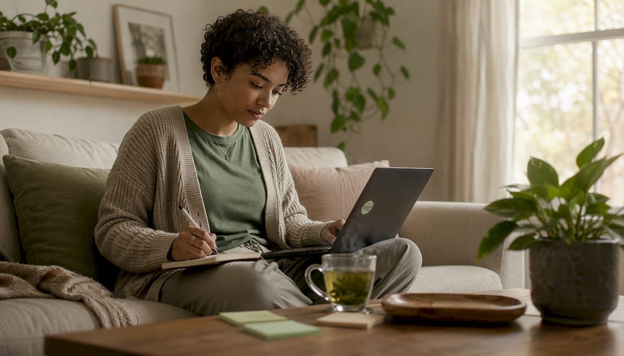 Woman selecting photos on laptop for memorial slideshow