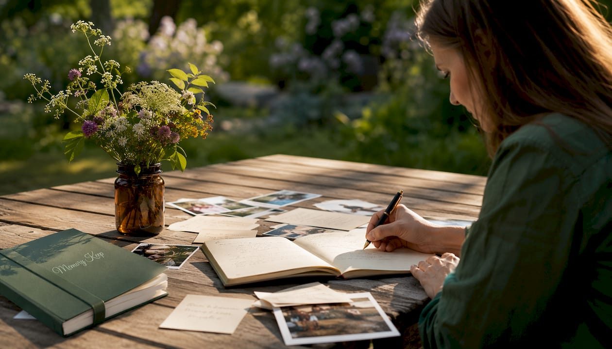 Overhead view of scrapbook and notes for slideshow planning