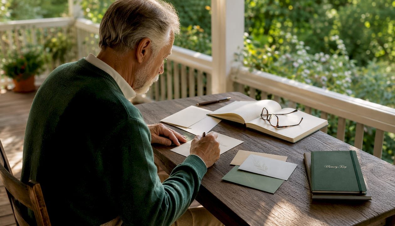 Elderly man personalizing memorial quotes in sunroom