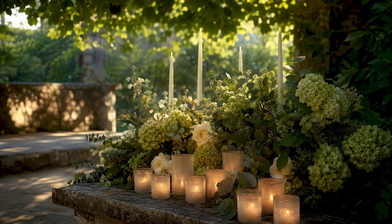 Candles and flowers at memorial altar