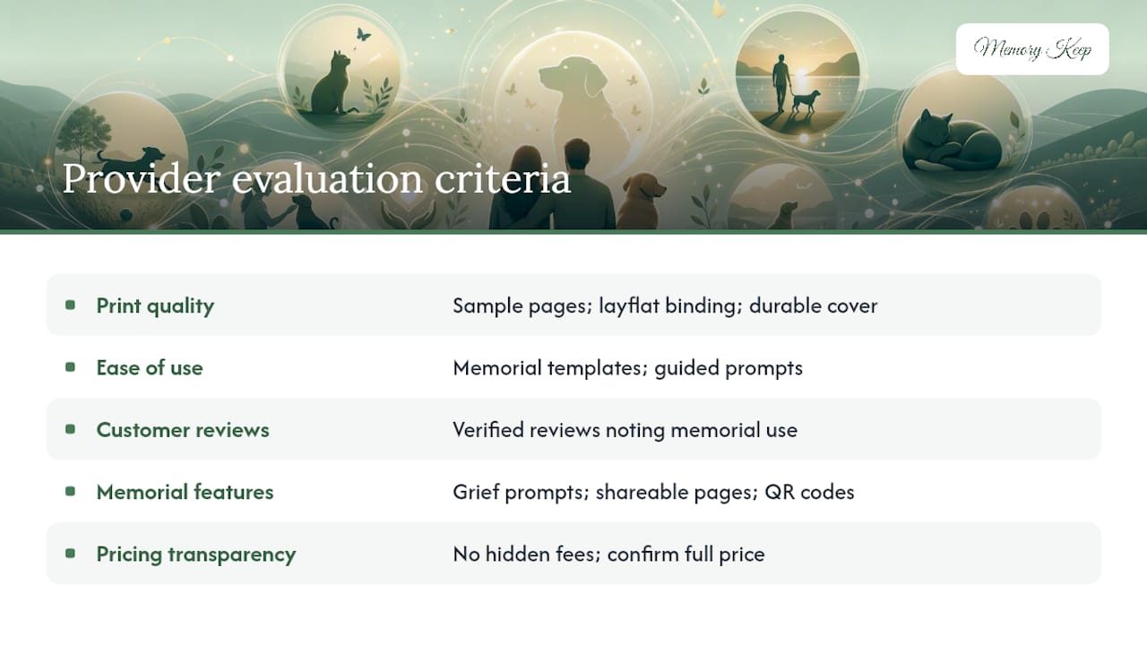 Diagram illustrating pet memorial photo book provider evaluation criteria