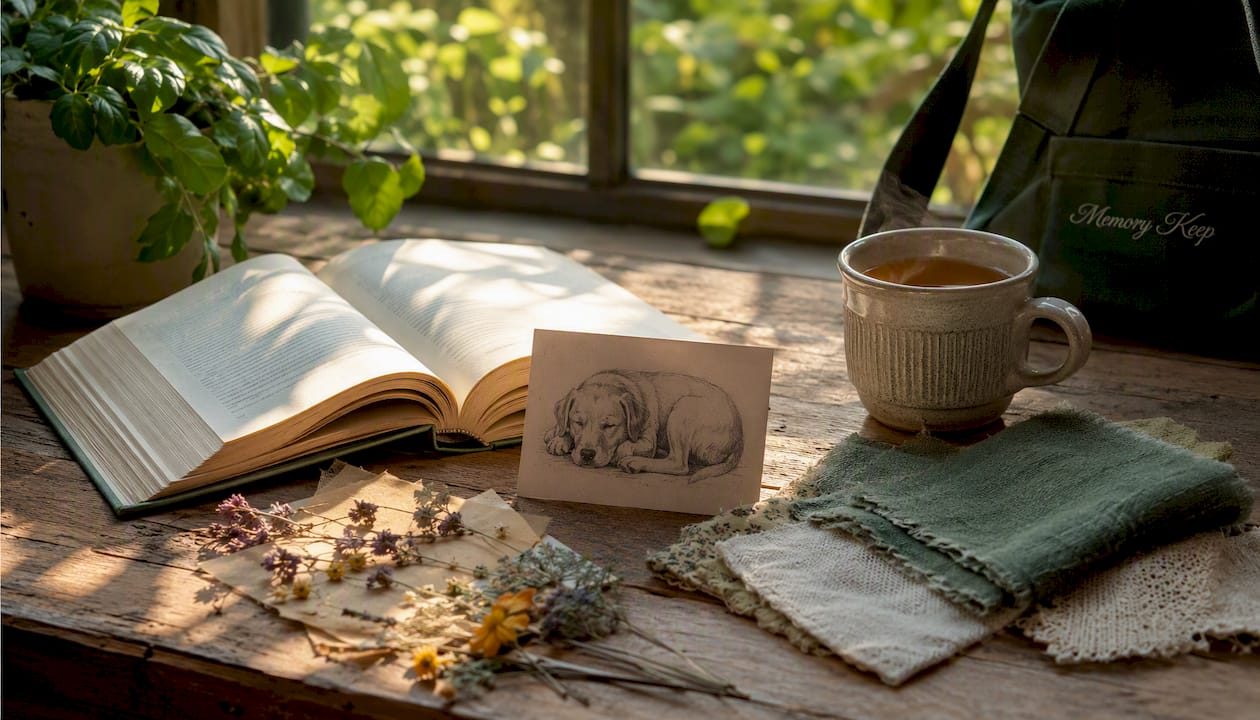 Overhead view of poetry book and pet photo on desk