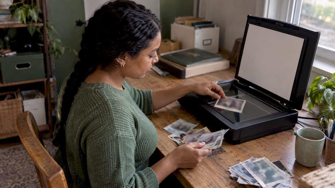 Woman scanning old family photographs