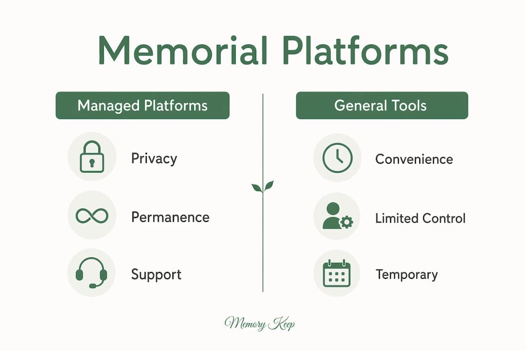 Infographic comparing managed memorial platforms and general slideshow tools