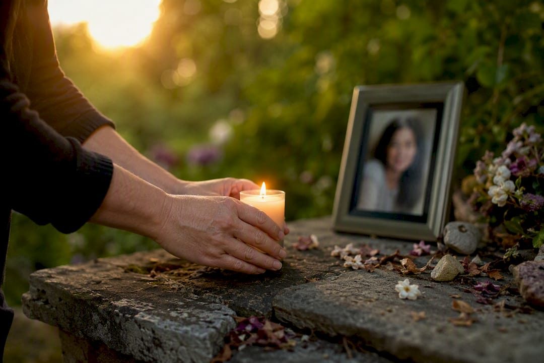 Hands lighting a candle for tribute
