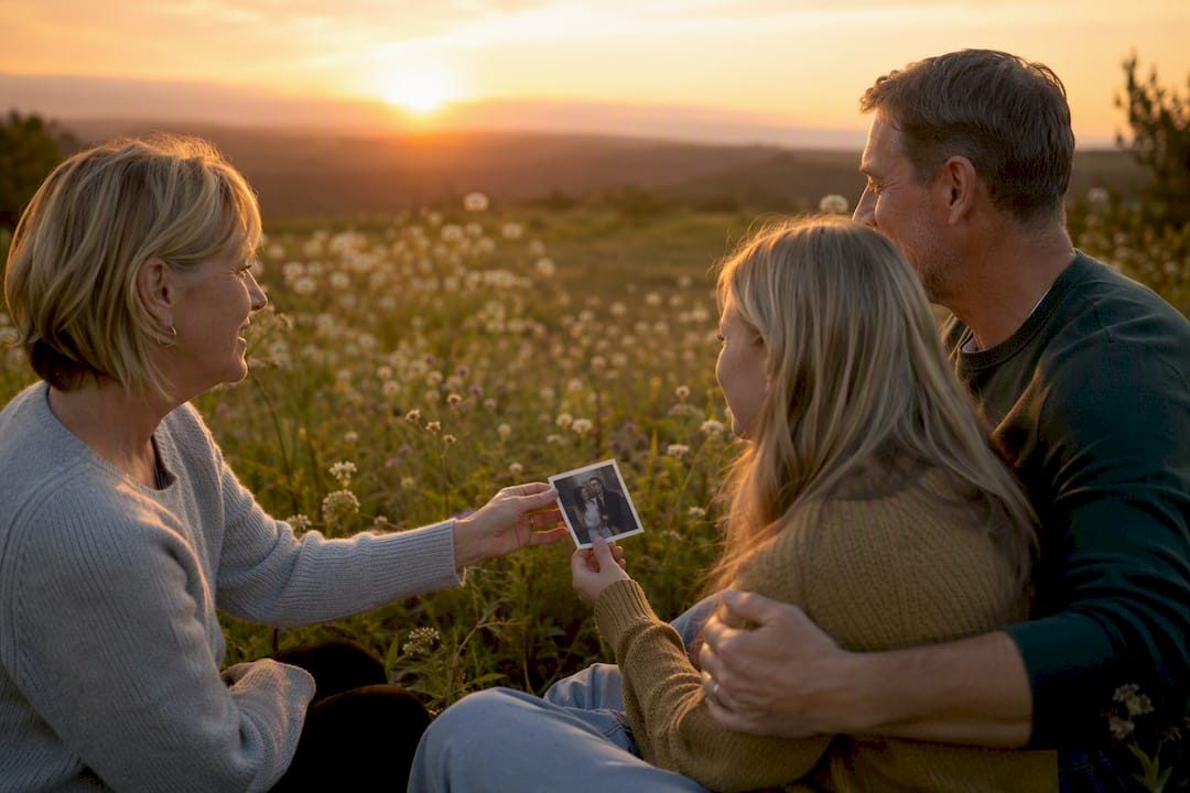 Family exchanging memorial keepsake outdoors