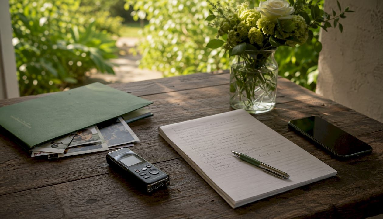 Interview materials laid out on coffee table