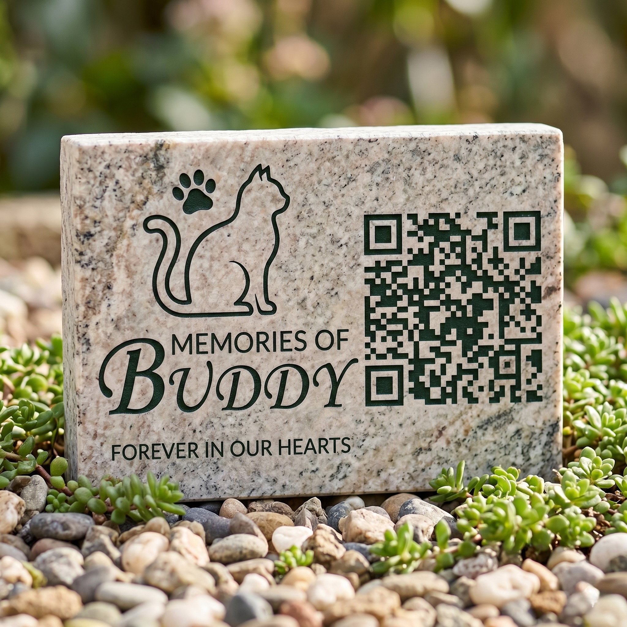 A small garden memorial stone for a pet, with a QR code charm beside it