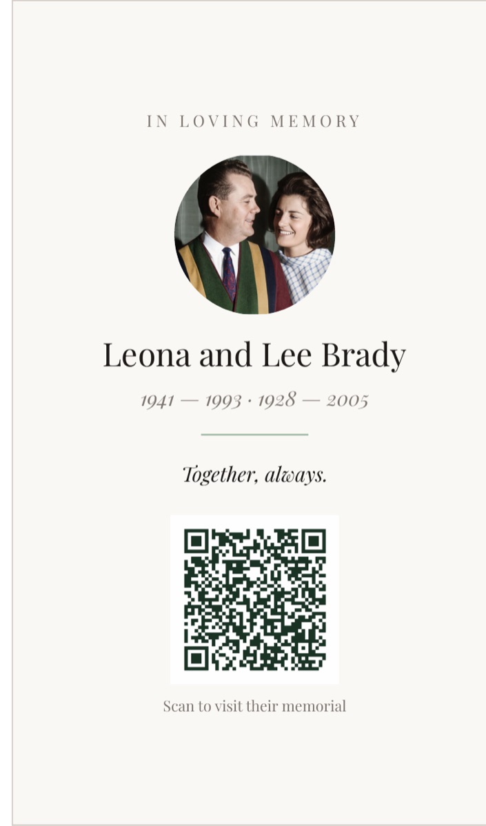 A wallet-size memorial card with a portrait, name, dates, a chosen line and a QR code