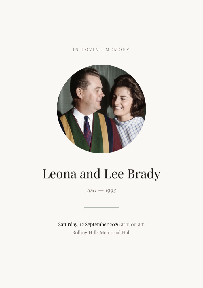 A printed memorial program showing a portrait, name and dates