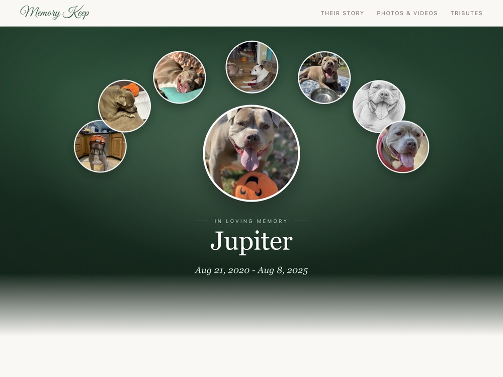 A pet memorial masthead — the pet's portrait, name, dates, and a hero photo