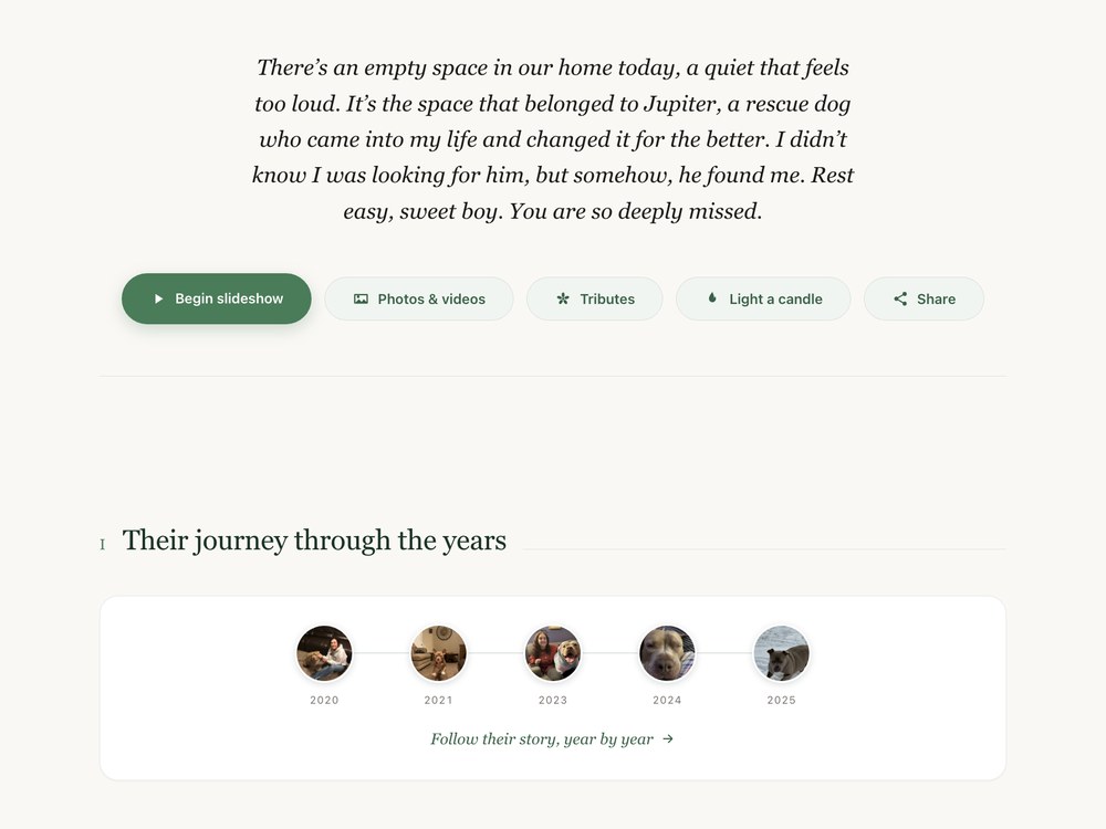 A pet memorial's tribute — a few heartfelt words and the slideshow, candle, and share buttons