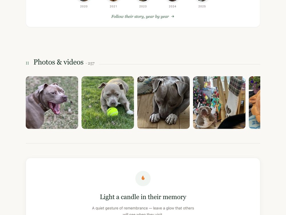 A pet memorial's photo gallery and the map of the places they loved