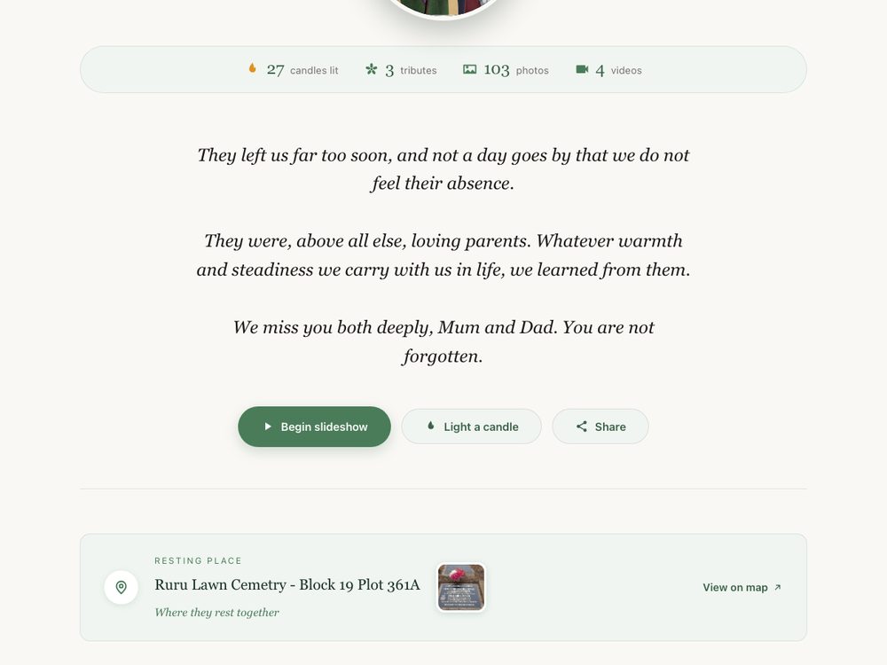 A memorial's life story written out on the page