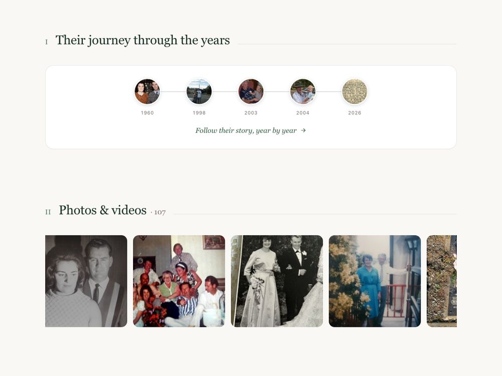 A memorial's photographs arranged along a timeline of years